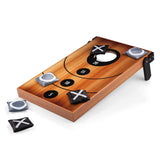 Mini Bean Bag Cornhole Throw Game, (Wood Grain with Bean Bag Toss & Tic Tac Toe Designs)