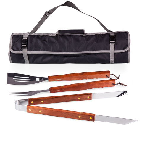 3-Pc BBQ Tote & Tools Set, (Black & Grey with Wooden Tool Handles)